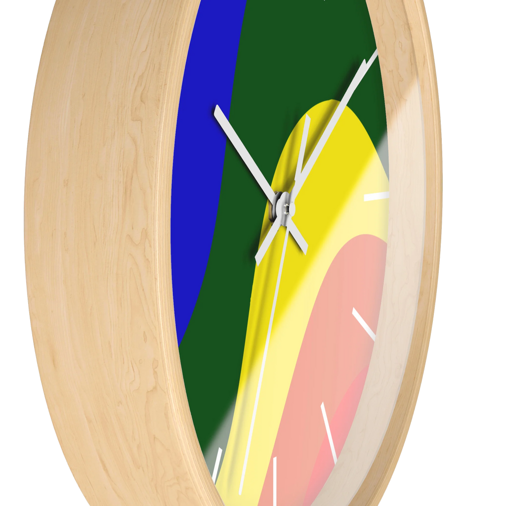 A side preview of the natural wood, natural/unfinished look, white hand pride rainbow wave modern minimal silent wall clock with white time markers.
