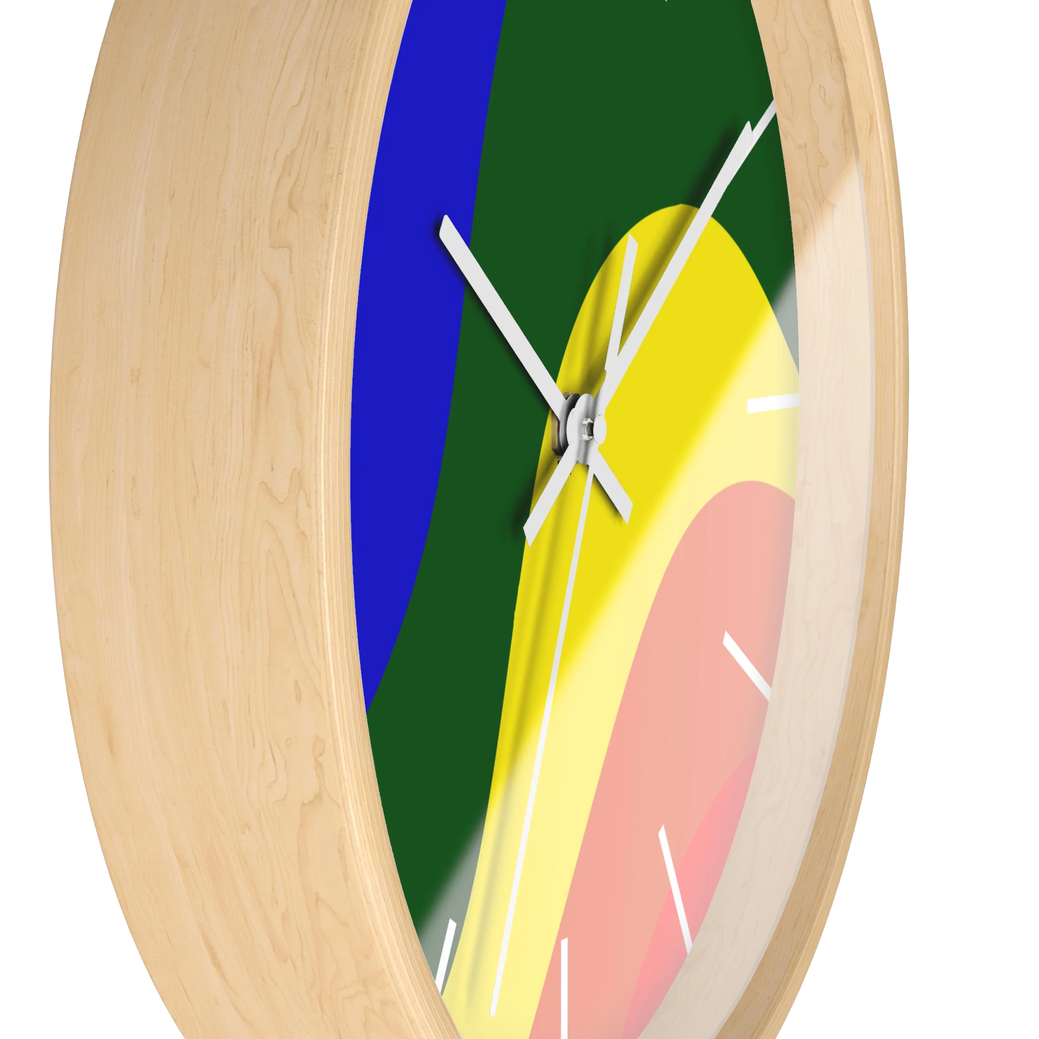 A side preview of the natural wood, natural/unfinished look, white hand pride rainbow wave modern minimal silent wall clock with white time markers.