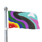 The Pride Rainbow Wave Flag mounted on a silver pole, showing the abstract wavy LGBTQ+ design with metal grommets.