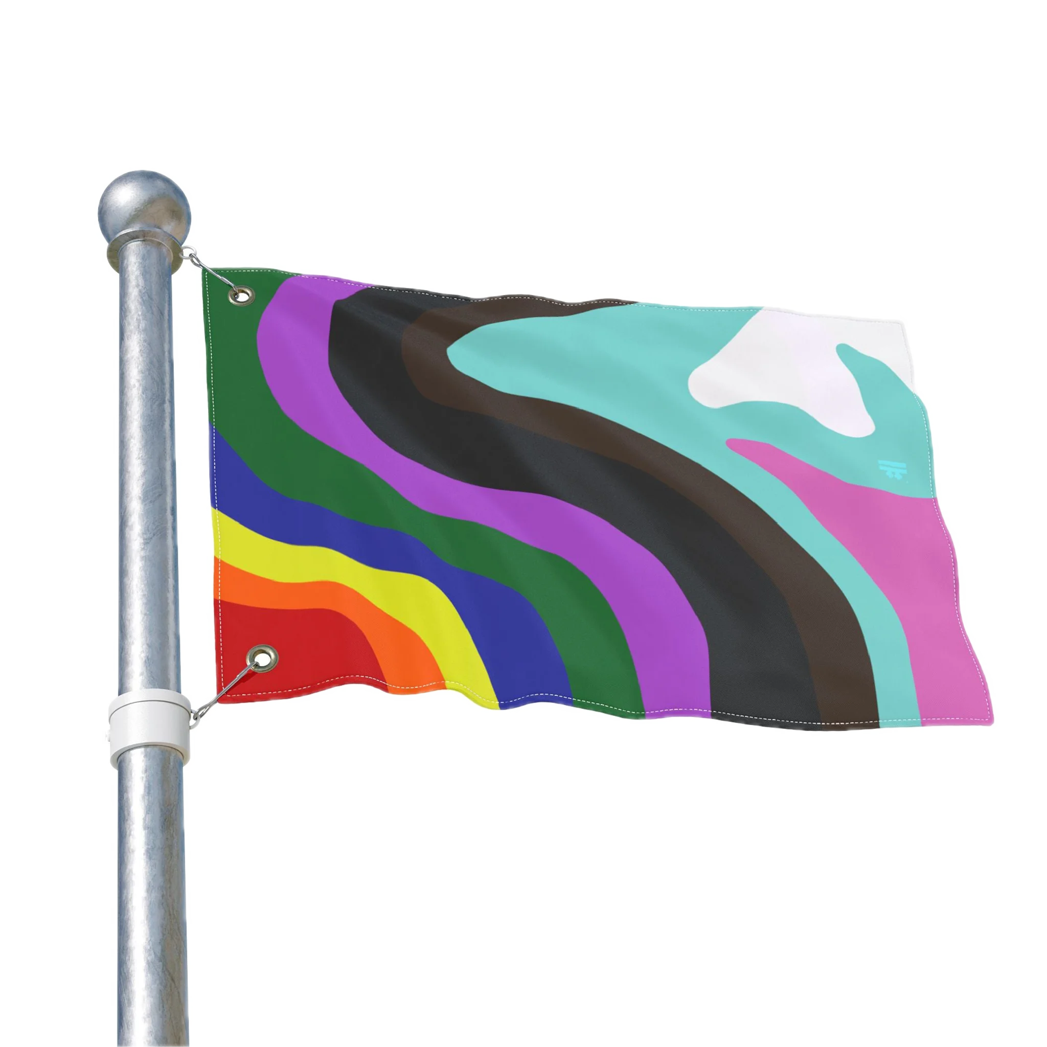 The Pride Rainbow Wave Flag mounted on a silver pole, showing the abstract wavy LGBTQ+ design with metal grommets.