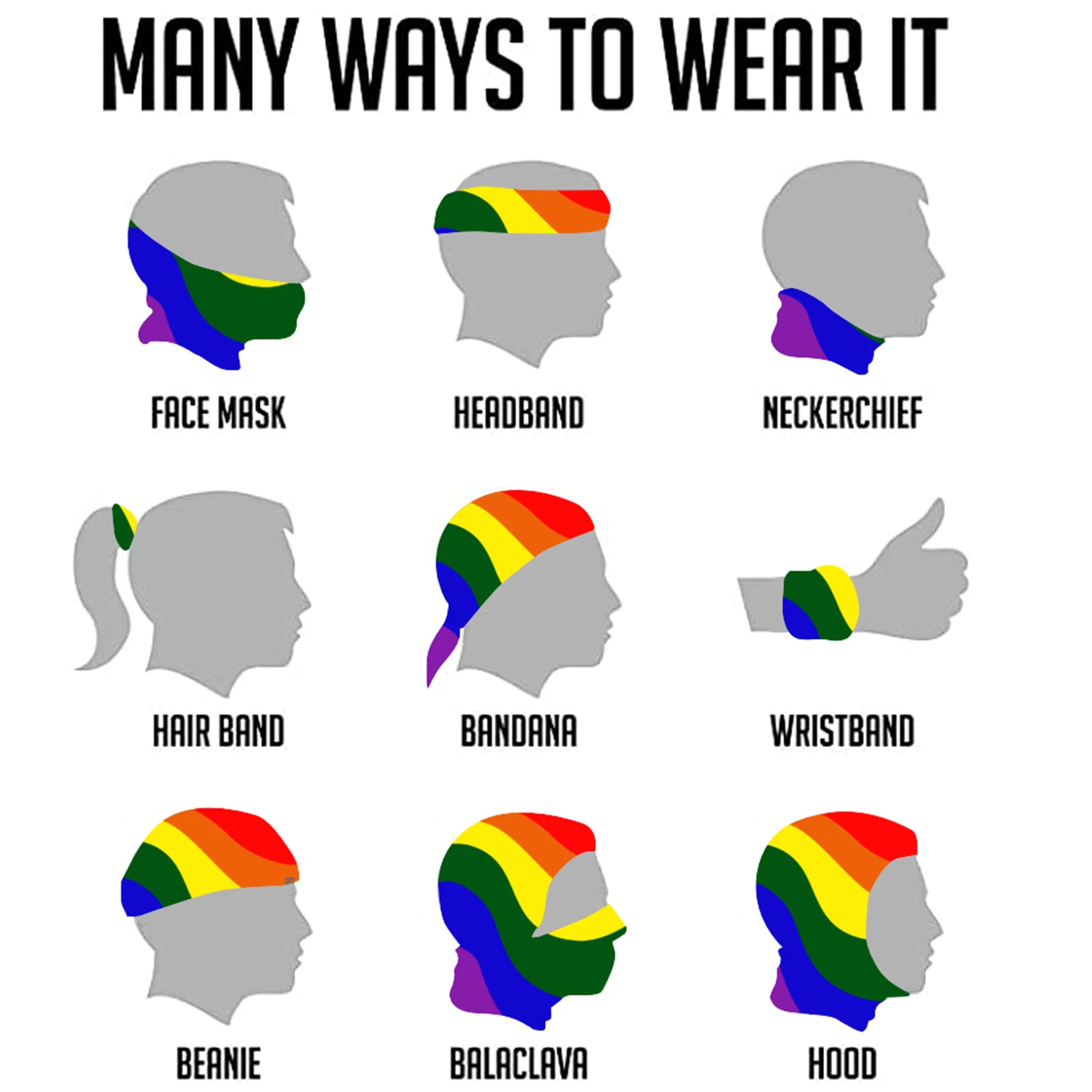 Illustrations of various ways to wear the  'Abstract Pride Rainbow Neck Gaiter,’ with examples shown on gray silhouettes.