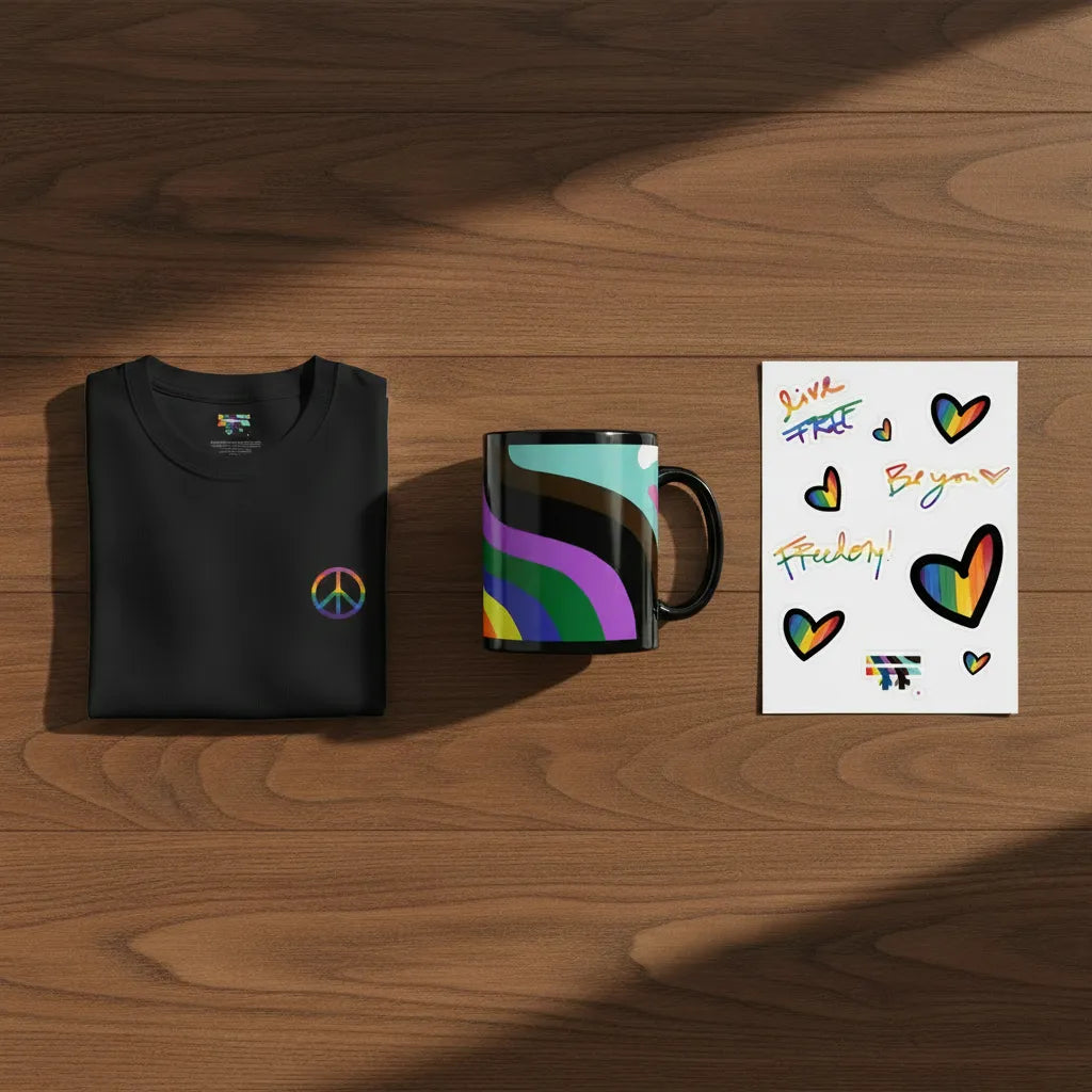 White peace pride t-shirt with rainbow peace symbol, a colorful LGBTQIA rainbow mug, and sheet of pride stickers on a wooden surface.