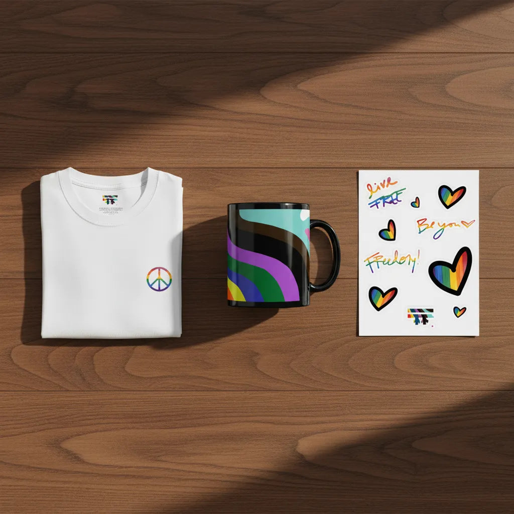 White peace pride t-shirt with rainbow peace symbol, a colorful LGBTQIA rainbow mug, and sheet of pride stickers on a wooden surface.