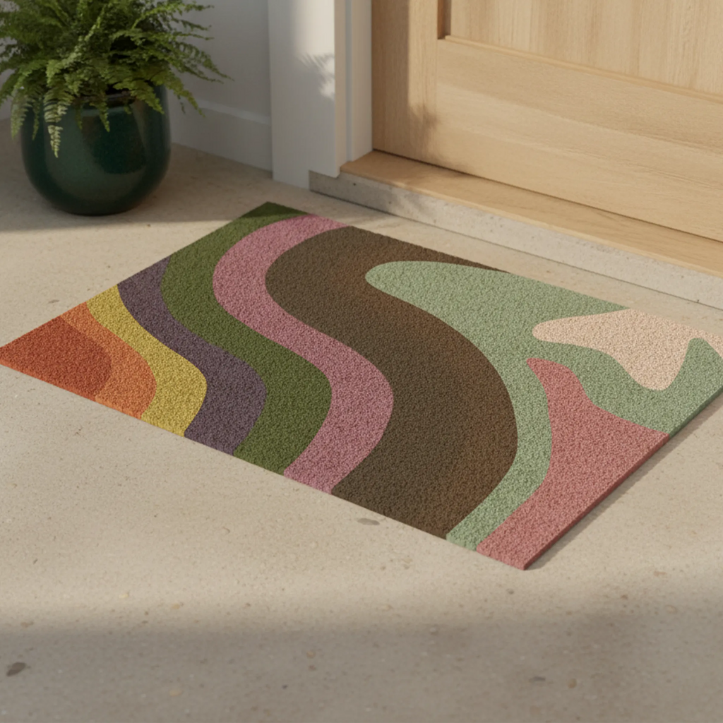 Multicolored pride doormat with wavy pattern on a beige floor next to a wooden door.