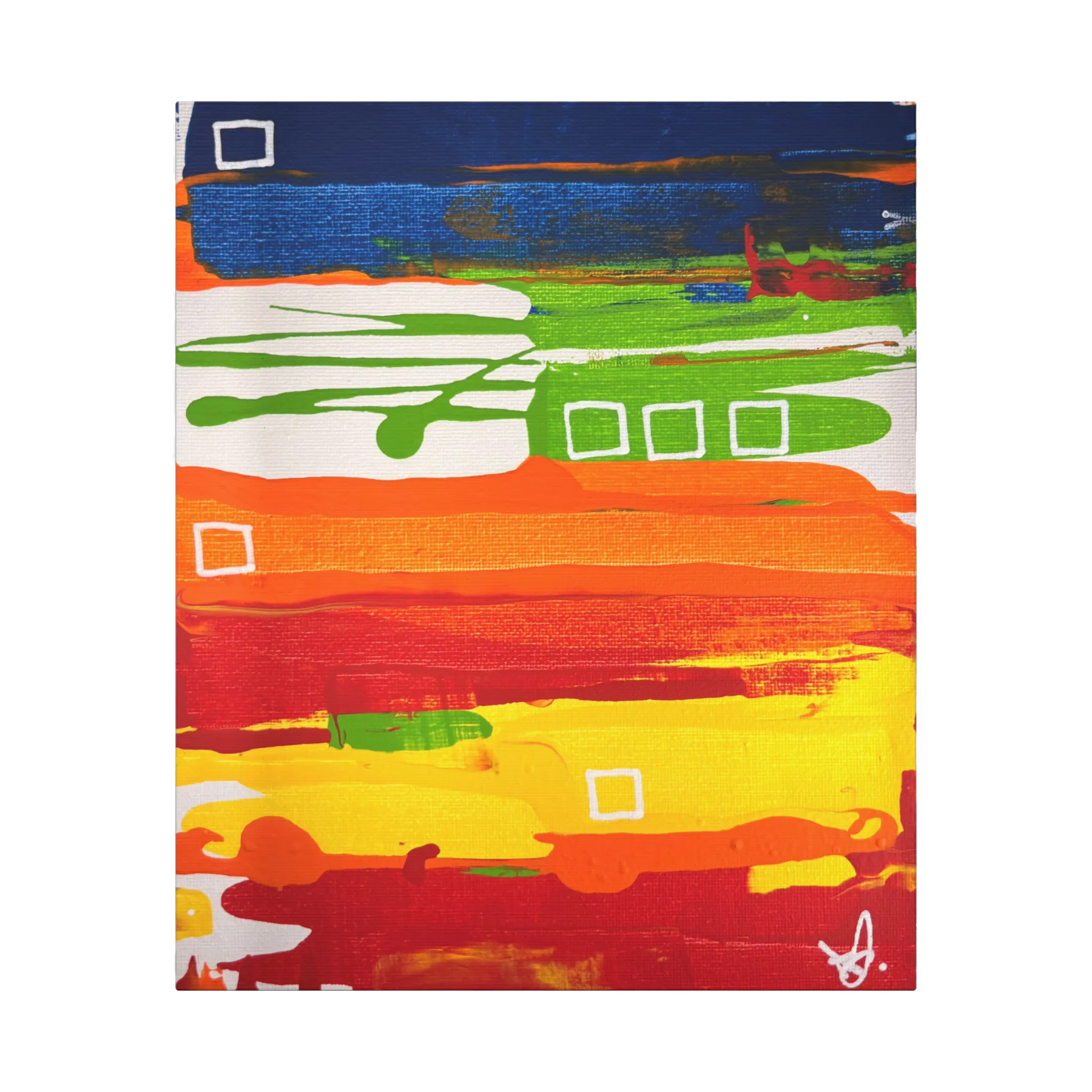 Primary Square original abstract canvas art, 20x24 vertical, cobalt lime orange yellow, but should say 1.25 inch gallery wrap profile, front view.