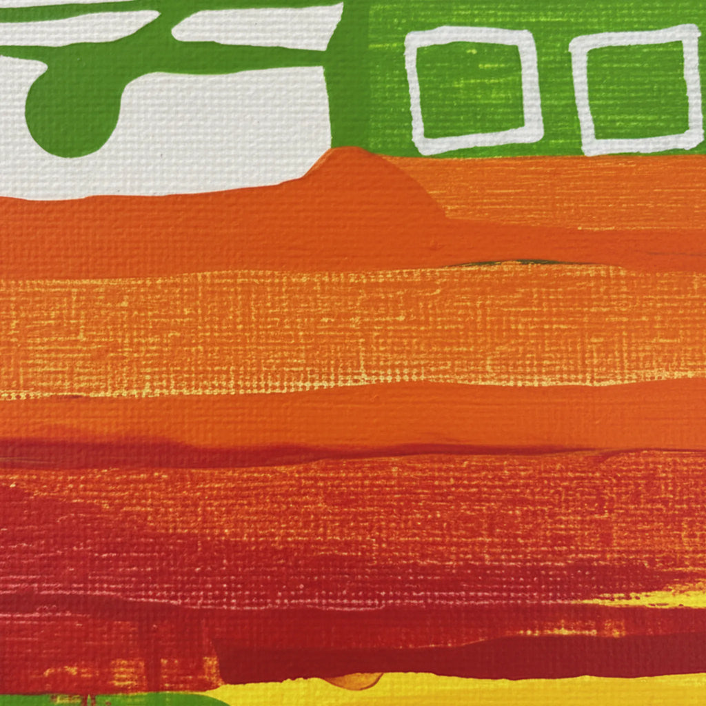 A up close canvas texture detail photo of the Primary Square original abstract canvas art, cobalt lime orange yellow, graphic detail, fluid pour art.