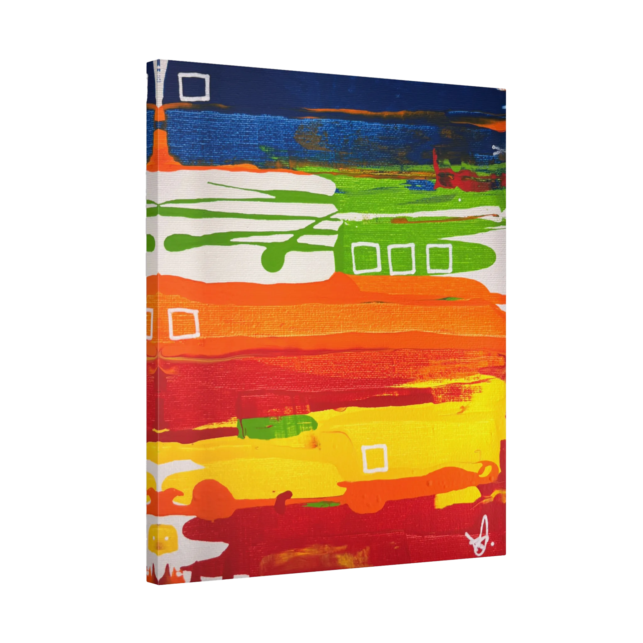 Primary Square original abstract canvas art, 20x24 vertical, cobalt lime orange yellow, but should say 1.25 inch gallery wrap profile, side view.