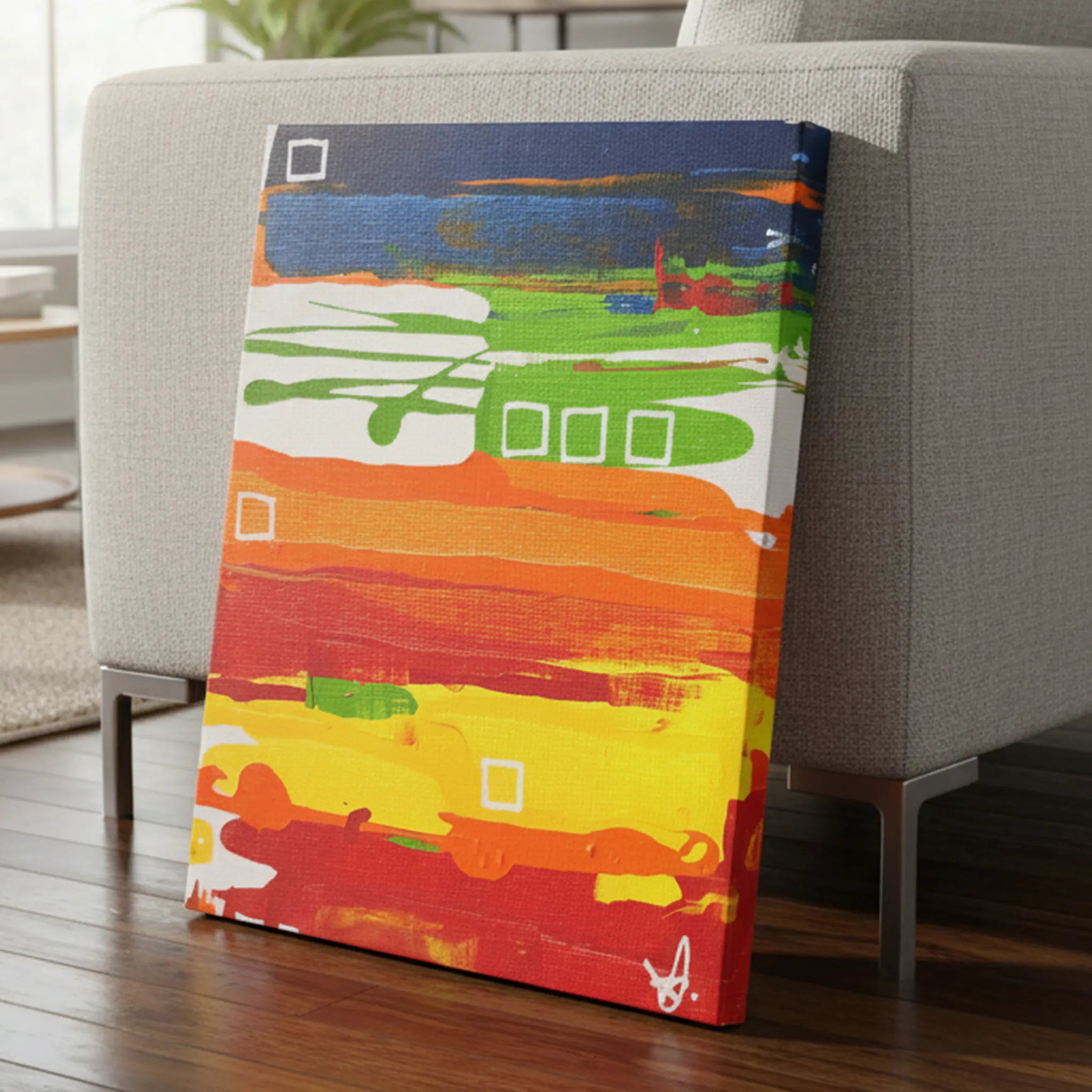 Primary Square abstract canvas art, 20x24 vertical, leaning against couch, warm modern interior, hardwood floor.