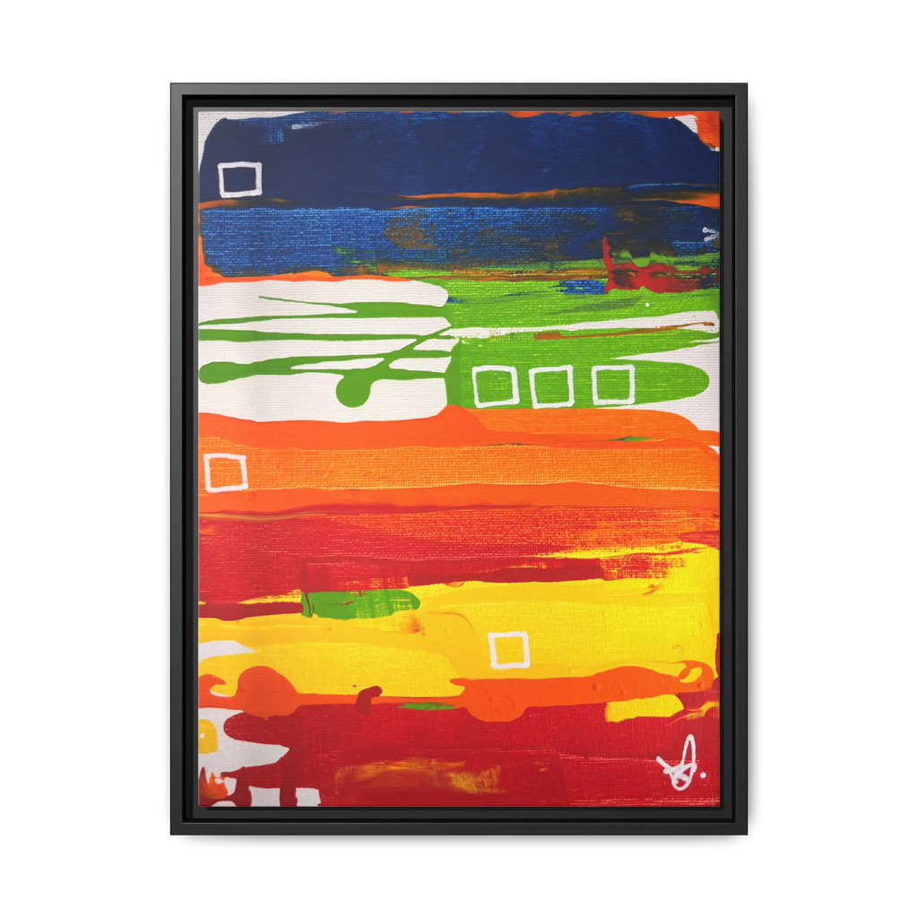 Front view of the "Primary Square" Framed Canvas Art by FREEBRD on a 1.25" canvas with an 18" x 24" Vertical frame, showcasing bold cobalt, grass green, tangerine and yellow horizontal bands with white square accents, framed in a black wood FSC certified frame.
