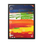 Front view of the "Primary Square" Framed Canvas Art by FREEBRD on a 1.25" canvas with an 18" x 24" Vertical frame, showcasing bold cobalt, grass green, tangerine and yellow horizontal bands with white square accents, framed in a black wood FSC certified frame.