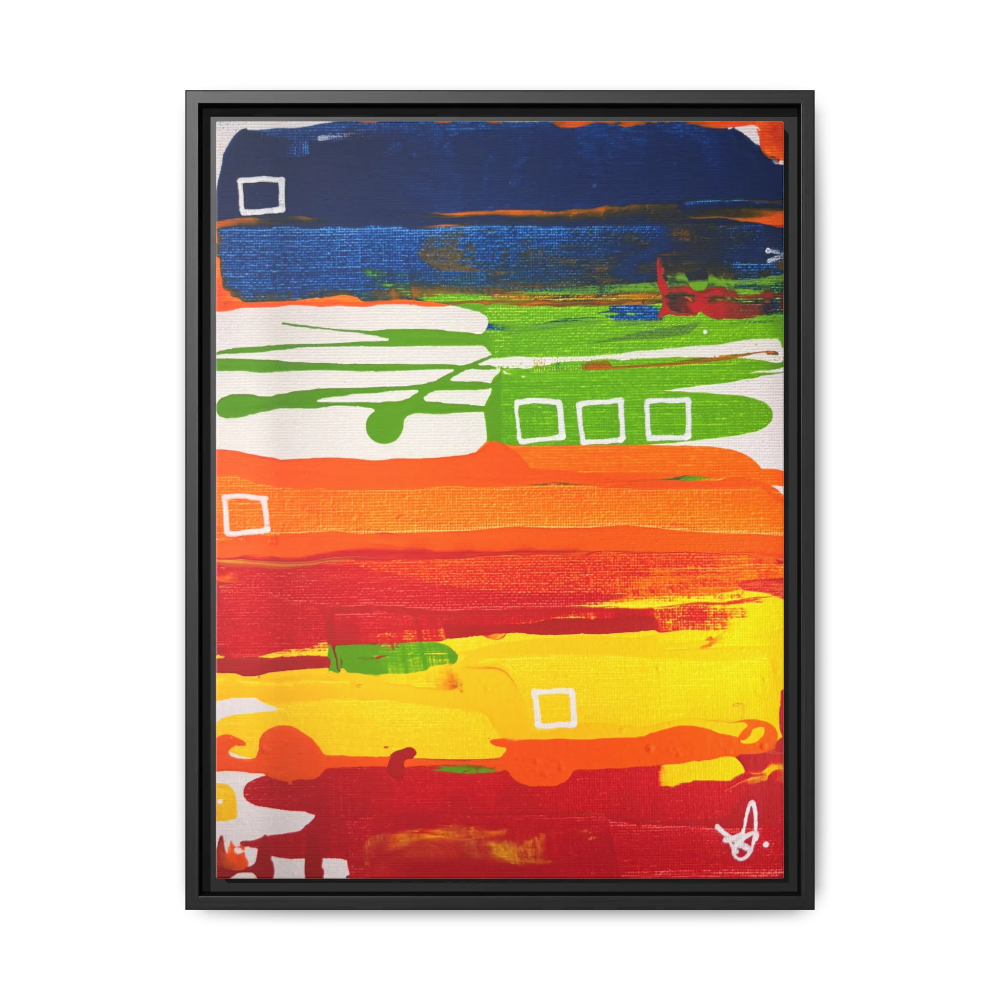 Front view of the "Primary Square" Framed Canvas Art by FREEBRD on a 1.25" canvas with an 18" x 24" Vertical frame, showcasing bold cobalt, grass green, tangerine and yellow horizontal bands with white square accents, framed in a black wood FSC certified frame.