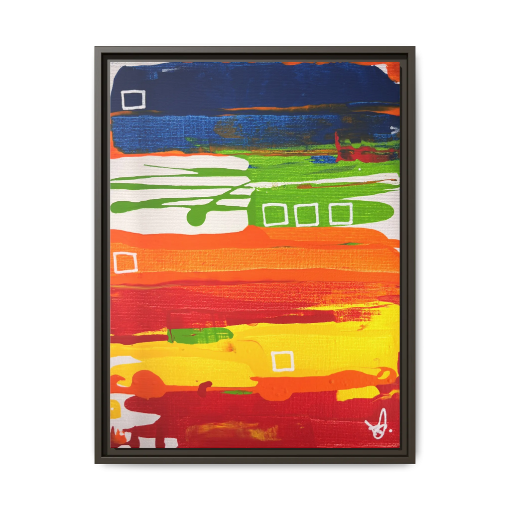 Front view of the "Primary Square" Framed Canvas Art by FREEBRD on a 1.25" canvas with an 18" x 24" Vertical frame, showcasing bold cobalt, grass green, tangerine and yellow horizontal bands with white square accents, framed in an espresso wood FSC certified frame.