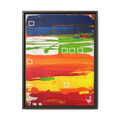 Front view of the "Primary Square" Framed Canvas Art by FREEBRD on a 1.25" canvas with an 18" x 24" Vertical frame, showcasing bold cobalt, grass green, tangerine and yellow horizontal bands with white square accents, framed in an espresso wood FSC certified frame.