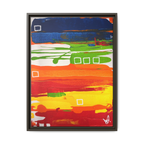 Front view of the "Primary Square" Framed Canvas Art by FREEBRD on a 1.25" canvas with an 18" x 24" Vertical frame, showcasing bold cobalt, grass green, tangerine and yellow horizontal bands with white square accents, framed in an espresso wood FSC certified frame.