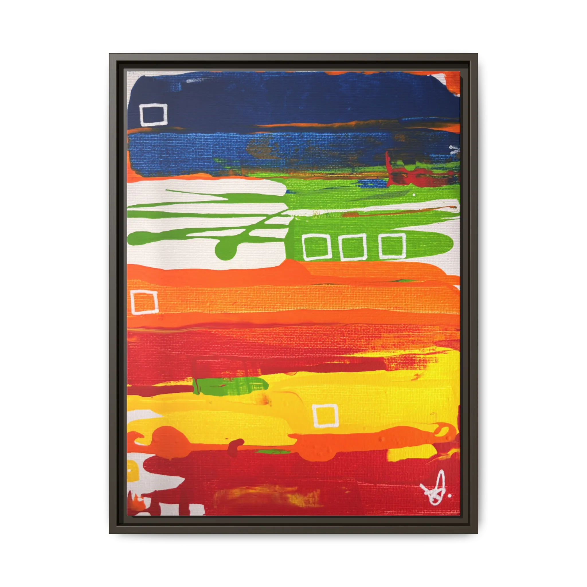 Front view of the "Primary Square" Framed Canvas Art by FREEBRD on a 1.25" canvas with an 18" x 24" Vertical frame, showcasing bold cobalt, grass green, tangerine and yellow horizontal bands with white square accents, framed in an espresso wood FSC certified frame.