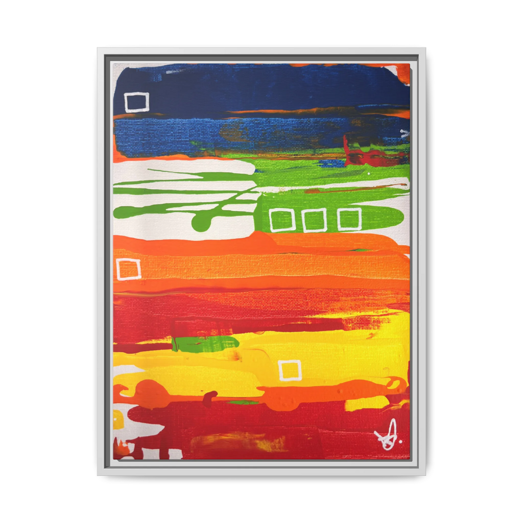 Front view of the "Primary Square" Framed Canvas Art by FREEBRD on a 1.25" canvas with an 18" x 24" Vertical frame, showcasing bold cobalt, grass green, tangerine and yellow horizontal bands with white square accents, framed in a white wood FSC certified frame.
