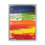 Front view of the "Primary Square" Framed Canvas Art by FREEBRD on a 1.25" canvas with an 18" x 24" Vertical frame, showcasing bold cobalt, grass green, tangerine and yellow horizontal bands with white square accents, framed in a white wood FSC certified frame.