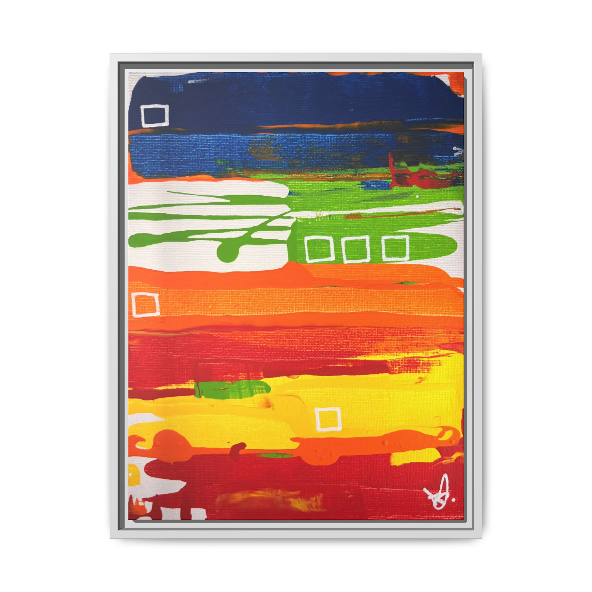 Front view of the "Primary Square" Framed Canvas Art by FREEBRD on a 1.25" canvas with an 18" x 24" Vertical frame, showcasing bold cobalt, grass green, tangerine and yellow horizontal bands with white square accents, framed in a white wood FSC certified frame.