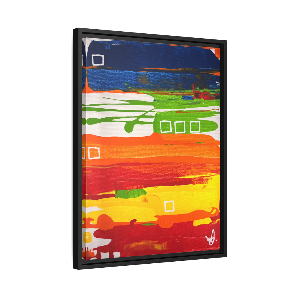 Side view of the "Primary Square" Framed Canvas Art by FREEBRD on a 1.25" canvas with an 18" x 24" Vertical frame, showcasing bold cobalt, grass green, tangerine and yellow horizontal bands with white square accents, framed in a black wood FSC certified frame.