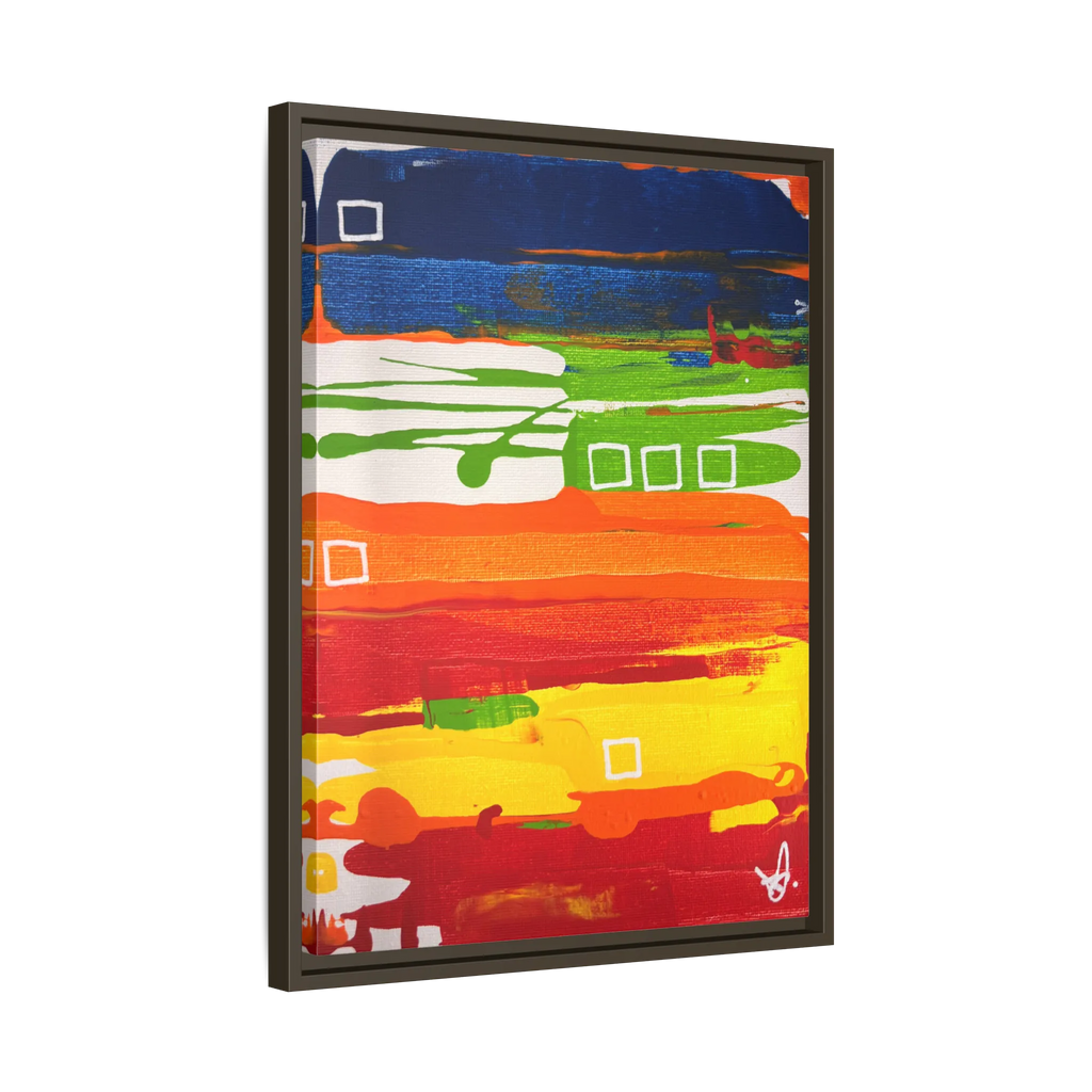 Side view of the "Primary Square" Framed Canvas Art by FREEBRD on a 1.25" canvas with an 18" x 24" Vertical frame, showcasing bold cobalt, grass green, tangerine and yellow horizontal bands with white square accents, framed in an espresso wood FSC certified frame.