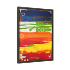 Side view of the "Primary Square" Framed Canvas Art by FREEBRD on a 1.25" canvas with an 18" x 24" Vertical frame, showcasing bold cobalt, grass green, tangerine and yellow horizontal bands with white square accents, framed in an espresso wood FSC certified frame.
