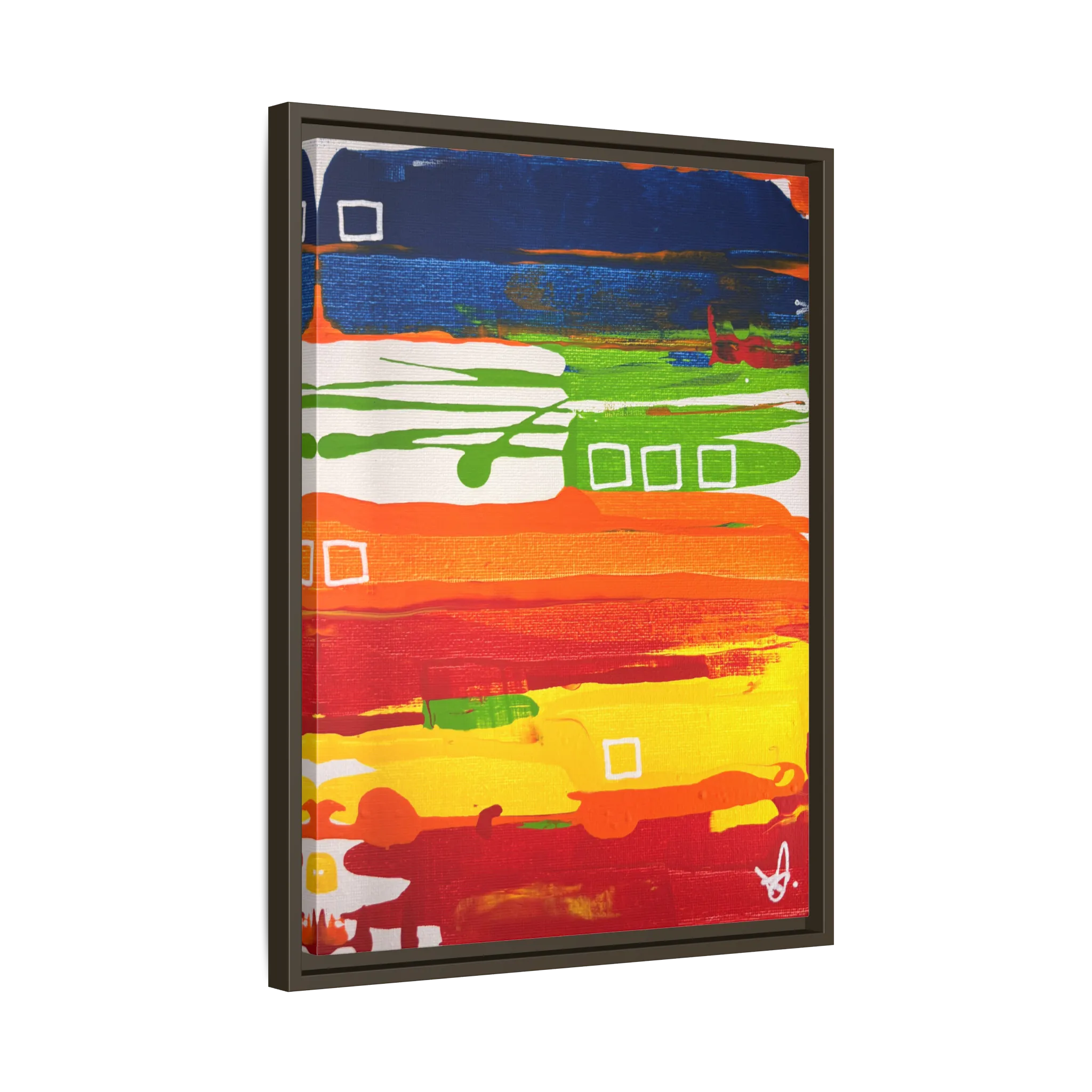 Side view of the "Primary Square" Framed Canvas Art by FREEBRD on a 1.25" canvas with an 18" x 24" Vertical frame, showcasing bold cobalt, grass green, tangerine and yellow horizontal bands with white square accents, framed in an espresso wood FSC certified frame.