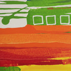 Primary Square Abstract Framed Canvas Art close-up macro texture showing grass green, tangerine and yellow paint detail with white square accents.