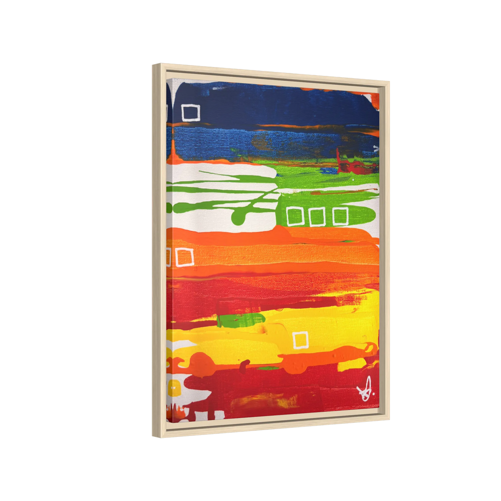 Side view of the "Primary Square" Framed Canvas Art by FREEBRD on a 1.25" canvas with an 18" x 24" Vertical frame, showcasing bold cobalt, grass green, tangerine and yellow horizontal bands with white square accents, framed in a natural wood FSC certified frame.