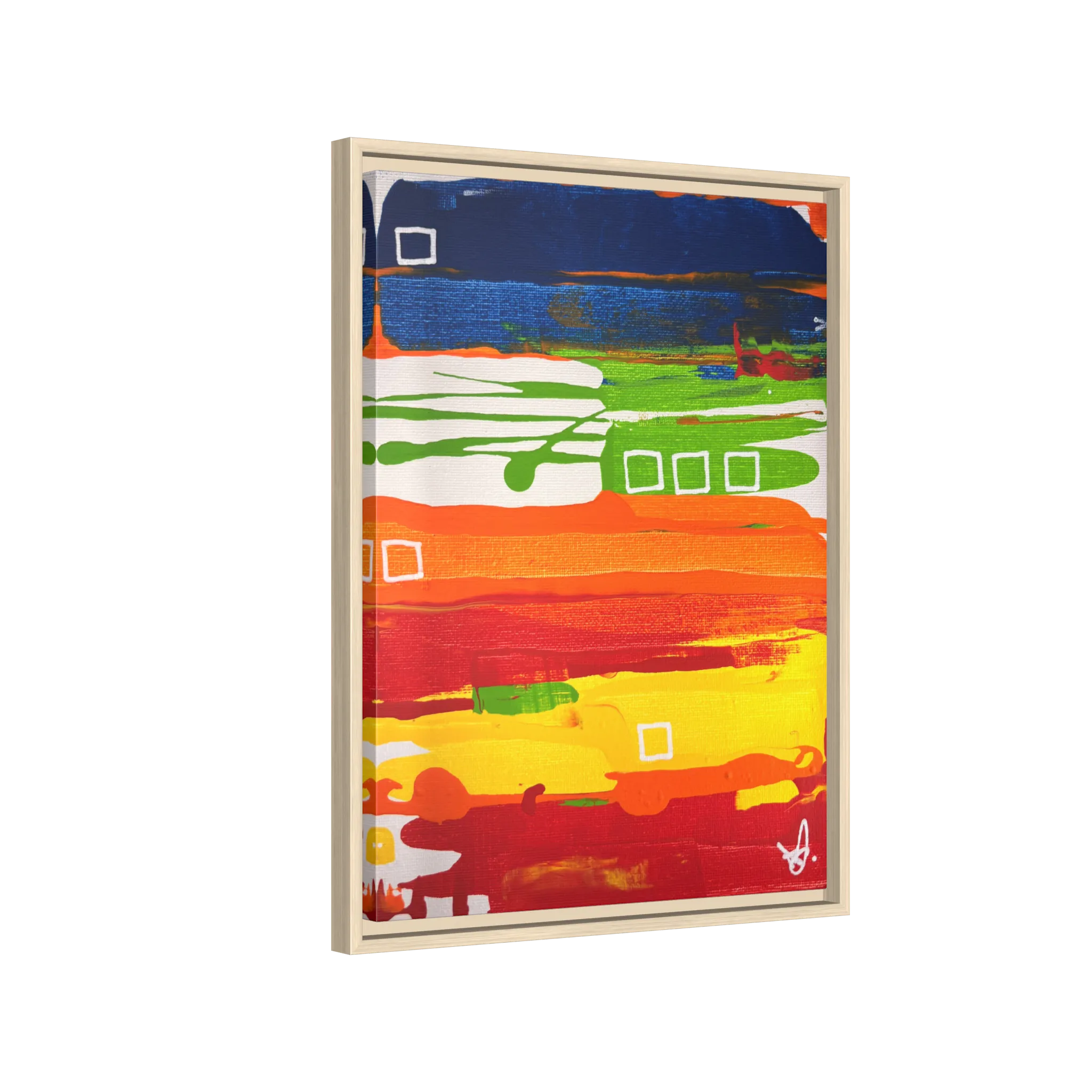 Side view of the "Primary Square" Framed Canvas Art by FREEBRD on a 1.25" canvas with an 18" x 24" Vertical frame, showcasing bold cobalt, grass green, tangerine and yellow horizontal bands with white square accents, framed in a natural wood FSC certified frame.