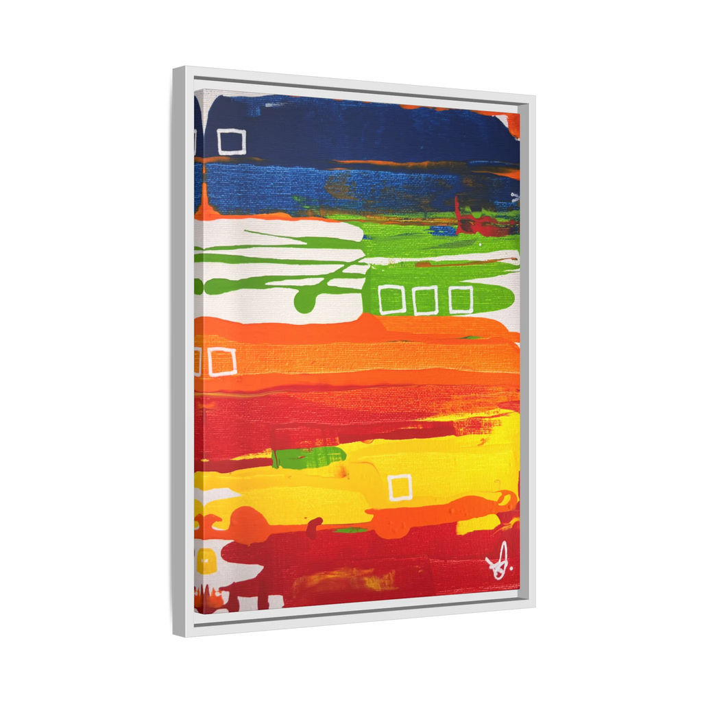Side view of the "Primary Square" Framed Canvas Art by FREEBRD on a 1.25" canvas with an 18" x 24" Vertical frame, showcasing bold cobalt, grass green, tangerine and yellow horizontal bands with white square accents, framed in a white wood FSC certified frame.