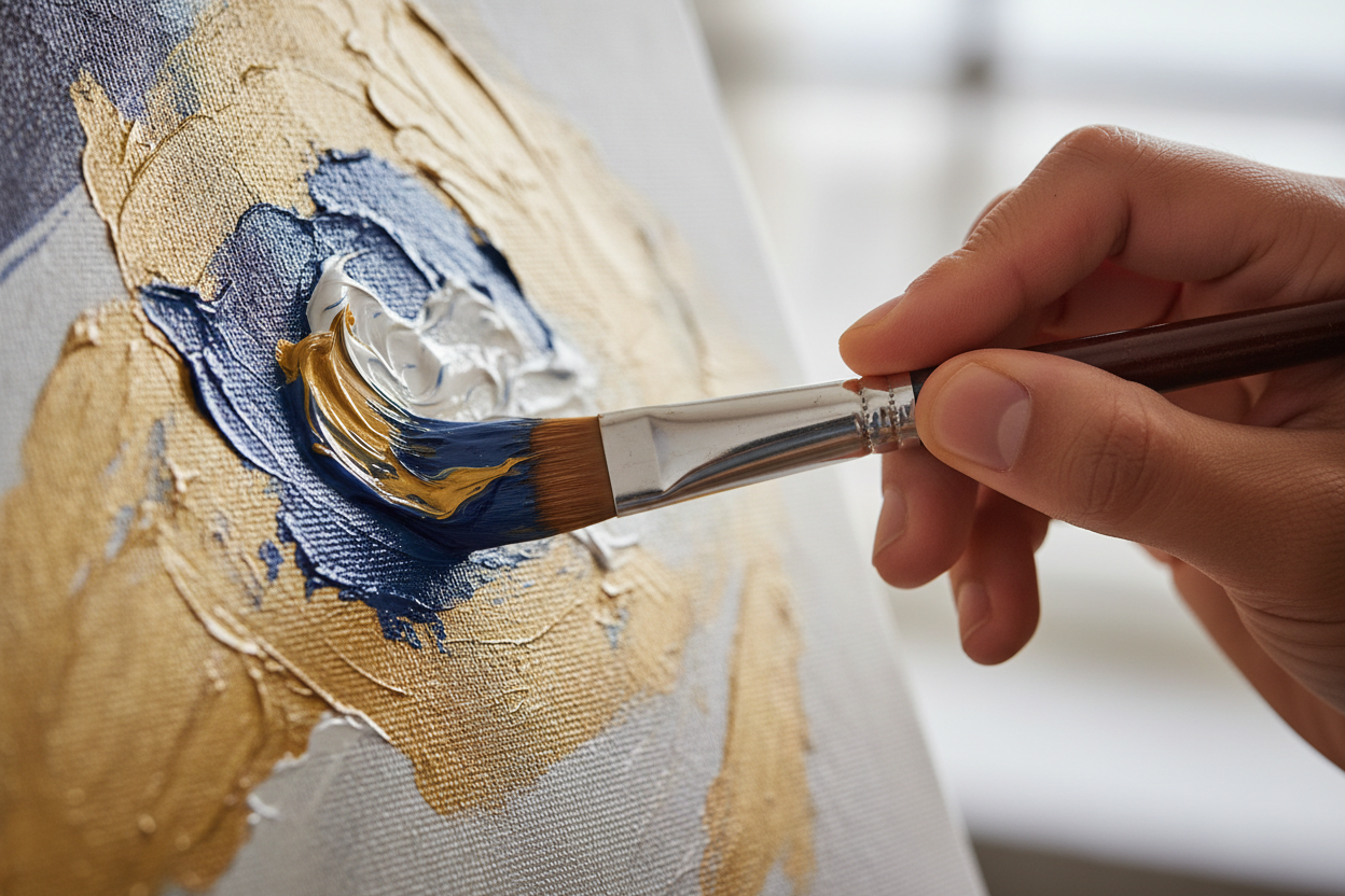 professional ad photo of a biracial painter painting a painting, zoomed in on the paintbrush