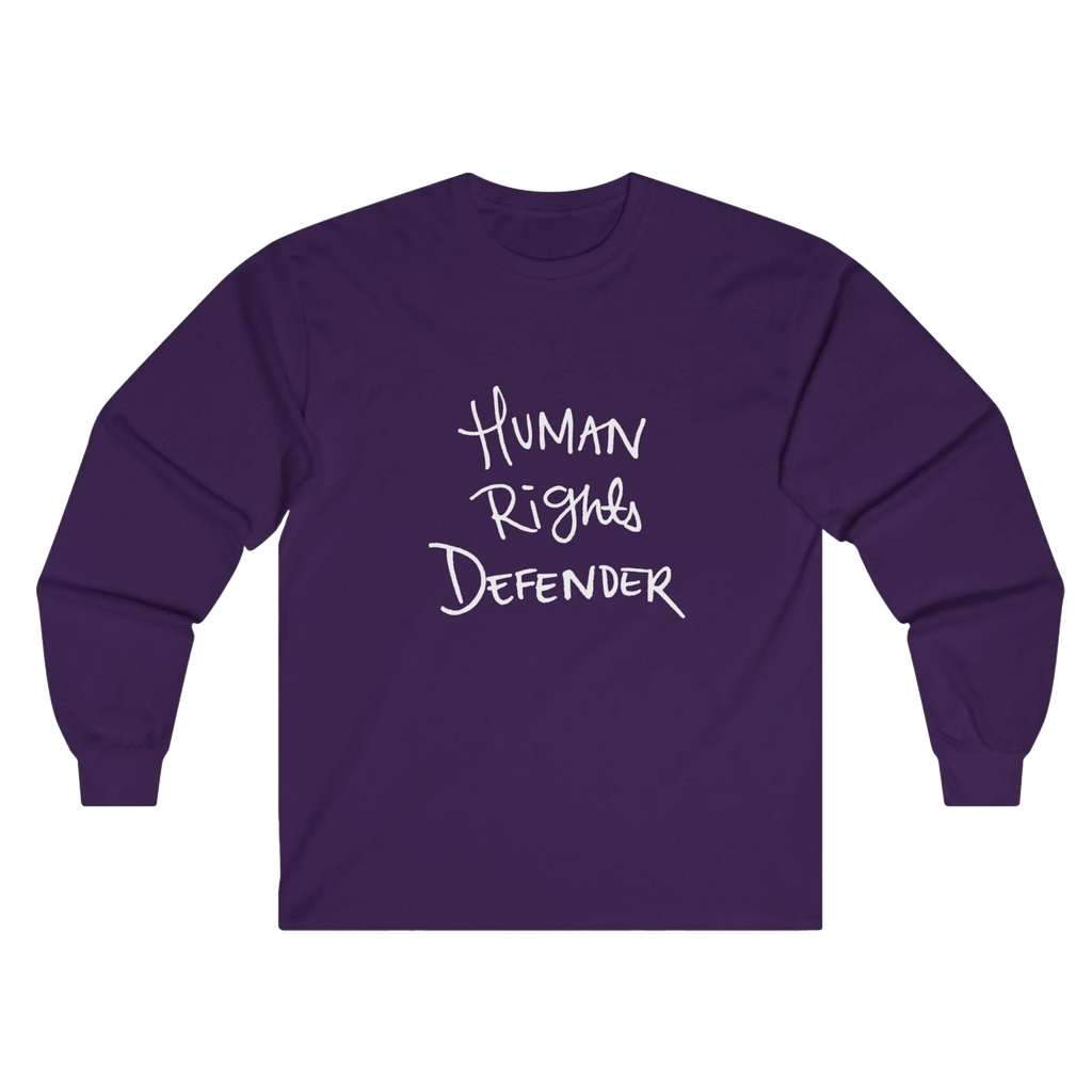Purple Human Rights Defender long sleeve tee, front view.