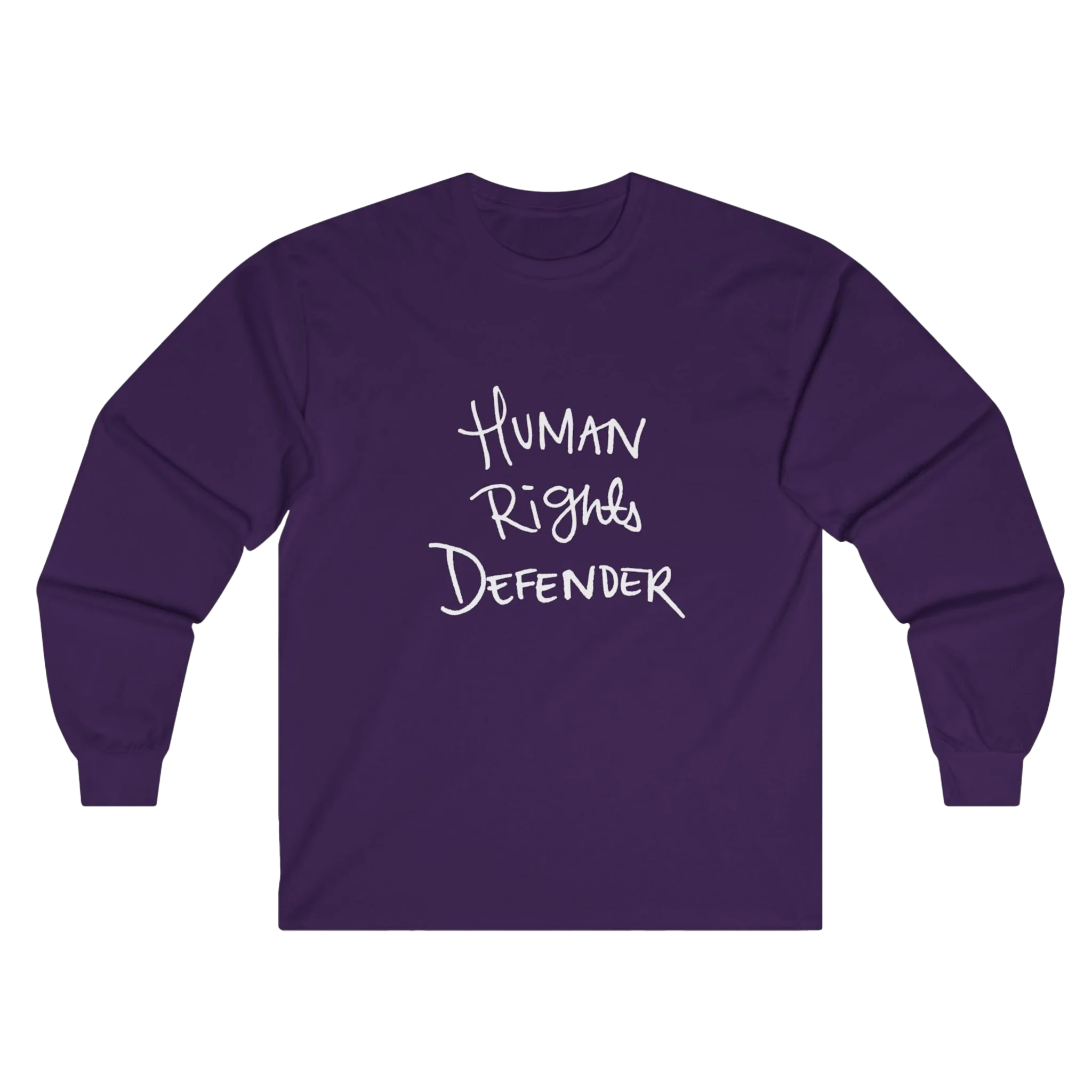 Purple Human Rights Defender long sleeve tee, front view.