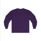 Purple Women's Rights long sleeve tee, handwritten Womens Rights Are Human Rights graphic, crew neck, back view.