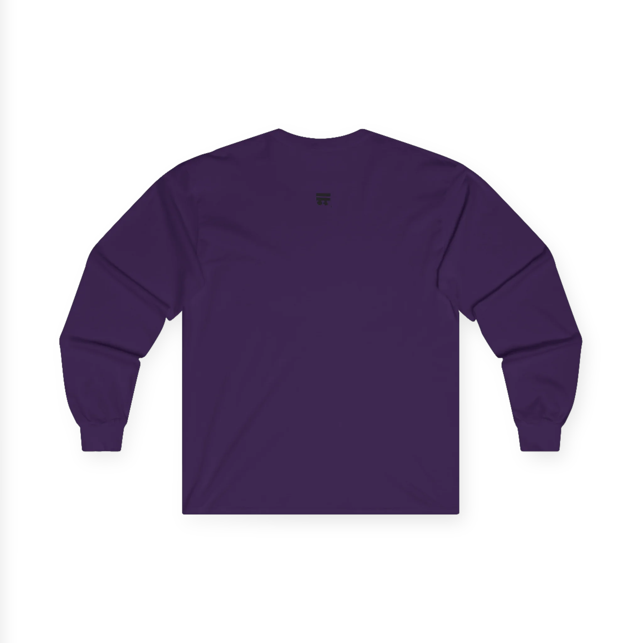 Purple Women's Rights long sleeve tee, handwritten Womens Rights Are Human Rights graphic, crew neck, back view.