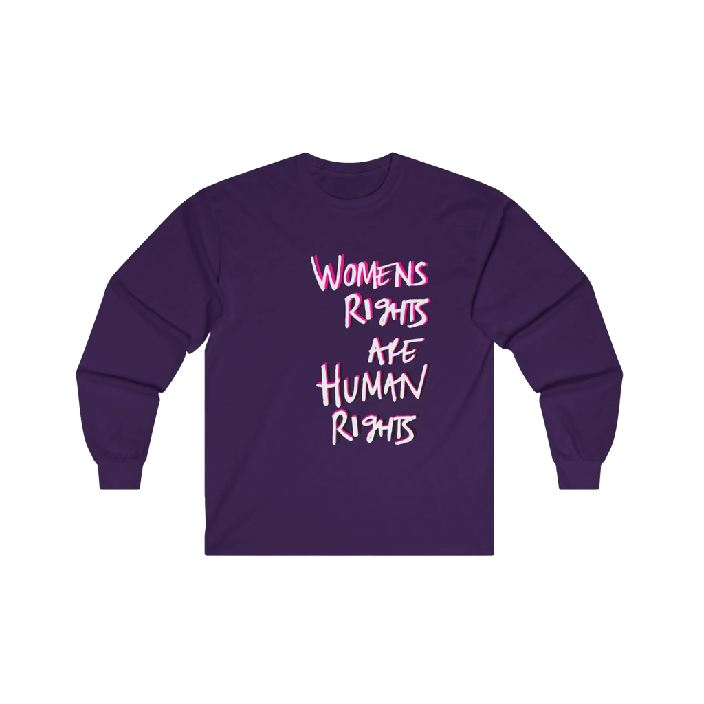 Purple Women's Rights long sleeve tee, handwritten Womens Rights Are Human Rights graphic, crew neck, front view.