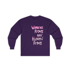 Purple Women's Rights long sleeve tee, handwritten Womens Rights Are Human Rights graphic, crew neck, front view.