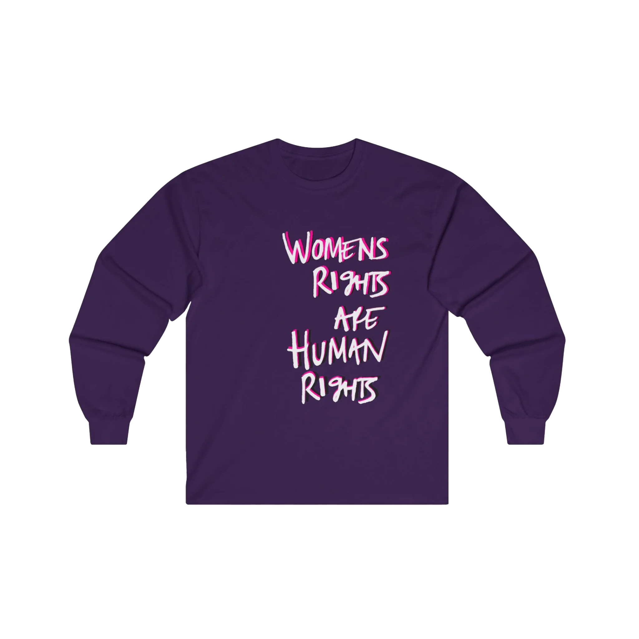 Purple Women's Rights long sleeve tee, handwritten Womens Rights Are Human Rights graphic, crew neck, front view.