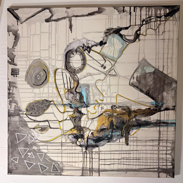 Rain Face abstract painting, full front view with gray grid lines, black shapes, gold areas, light blue details, and raised yellow accents.