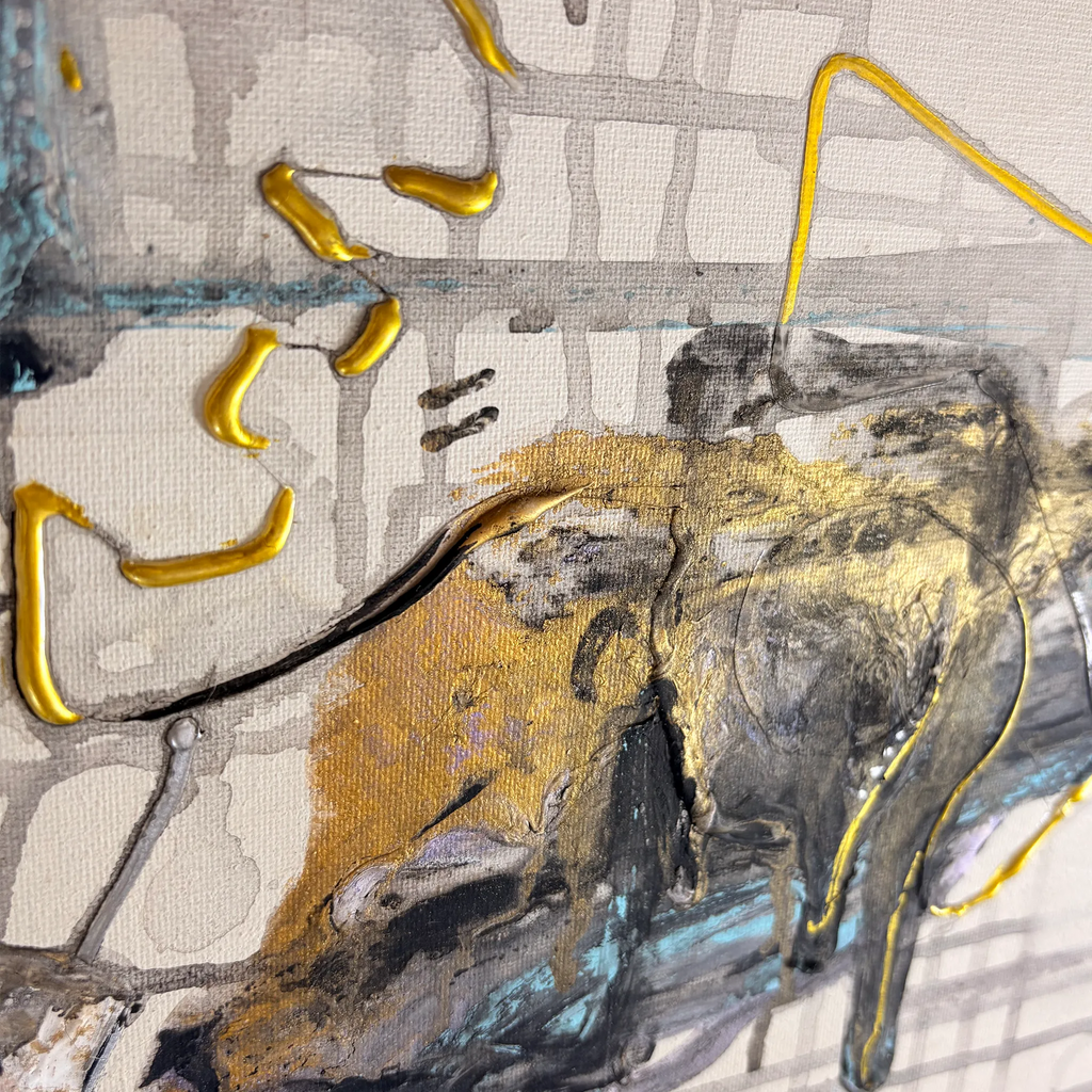 Rain Face painting detail showing raised yellow paint, layered gold and black brushwork, light blue accents, and visible canvas texture.