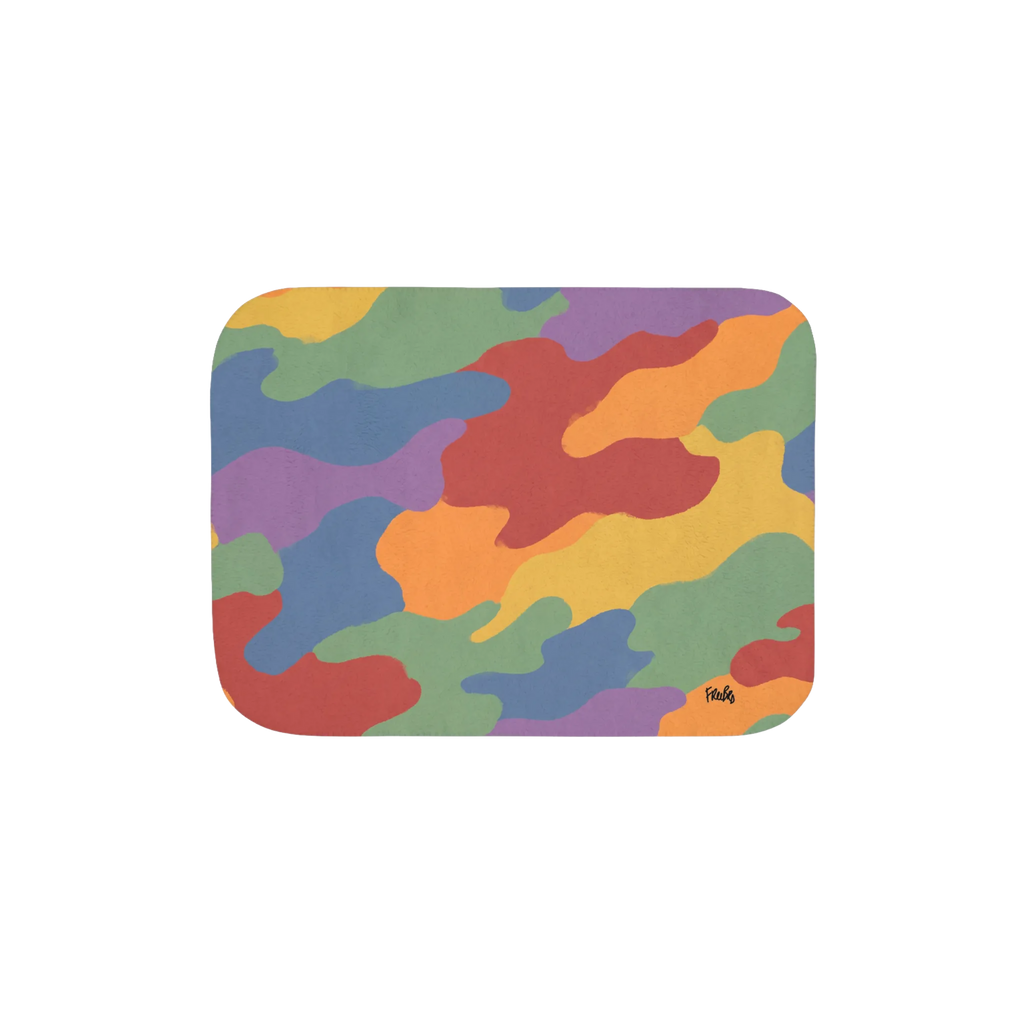 30 by 40 inch sherpa blanket, front view with red, orange, yellow, green, blue, and purple camouflage and a small black script logo near one corner.