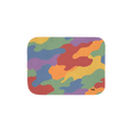 30 by 40 inch sherpa blanket, front view with red, orange, yellow, green, blue, and purple camouflage and a small black script logo near one corner.