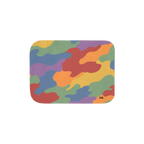 30 by 40 inch sherpa blanket, front view with red, orange, yellow, green, blue, and purple camouflage and a small black script logo near one corner.