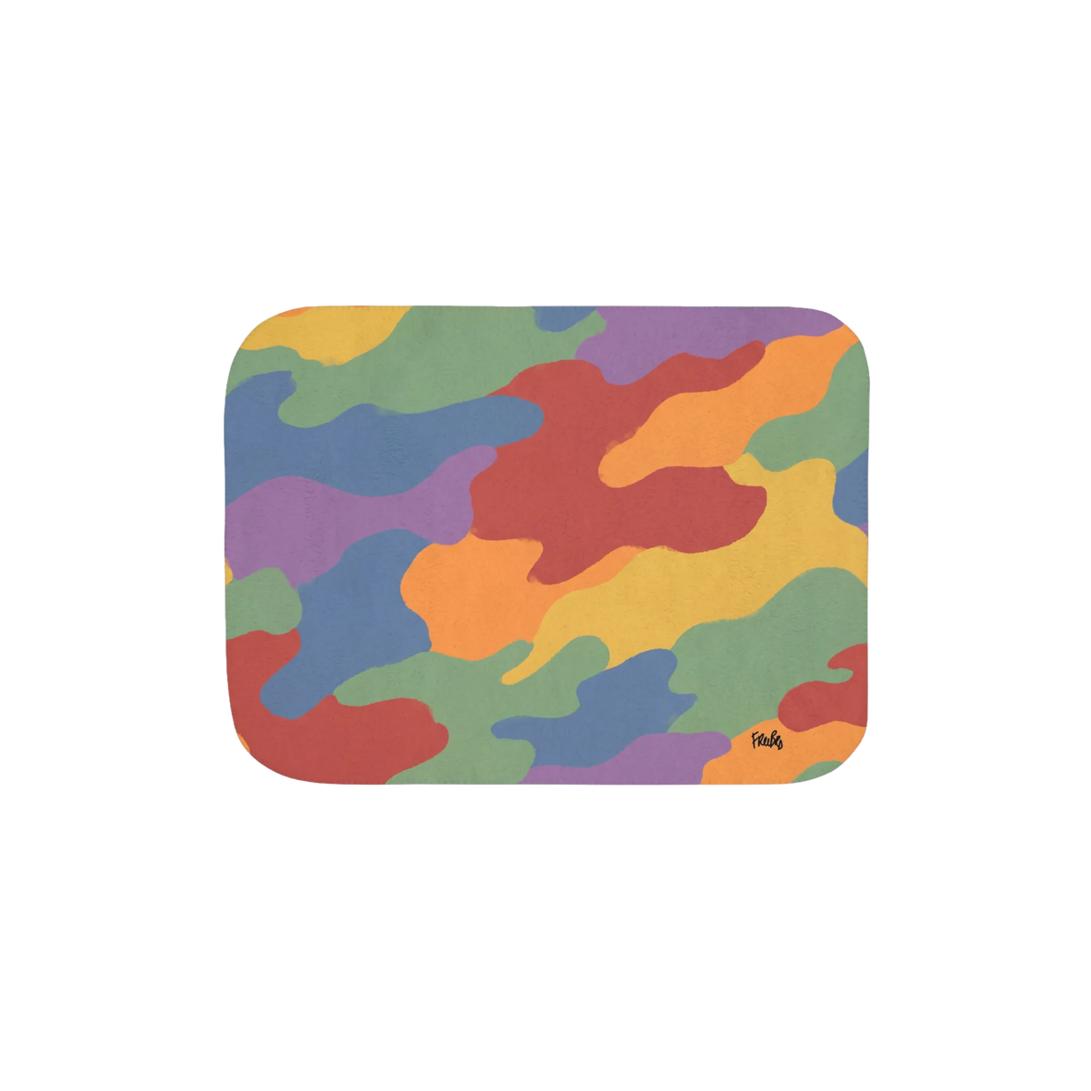 30 by 40 inch sherpa blanket, front view with red, orange, yellow, green, blue, and purple camouflage and a small black script logo near one corner.