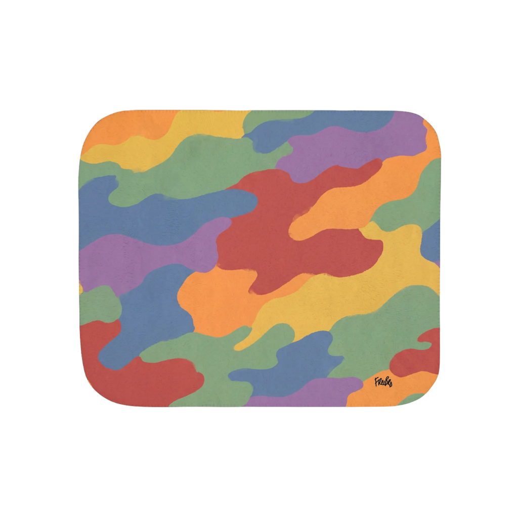 50 by 60 inch sherpa blanket, front view with red, orange, yellow, green, blue, and purple camouflage and a small black script logo near one corner.