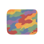 50 by 60 inch sherpa blanket, front view with red, orange, yellow, green, blue, and purple camouflage and a small black script logo near one corner.