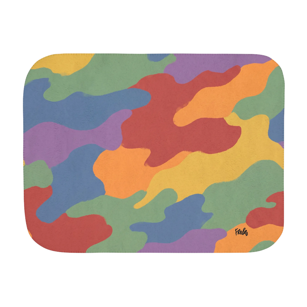 60 by 80 inch sherpa blanket, front view with red, orange, yellow, green, blue, and purple camouflage and a small black script logo near one corner.