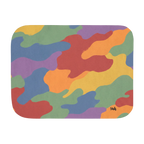 60 by 80 inch sherpa blanket, front view with red, orange, yellow, green, blue, and purple camouflage and a small black script logo near one corner.