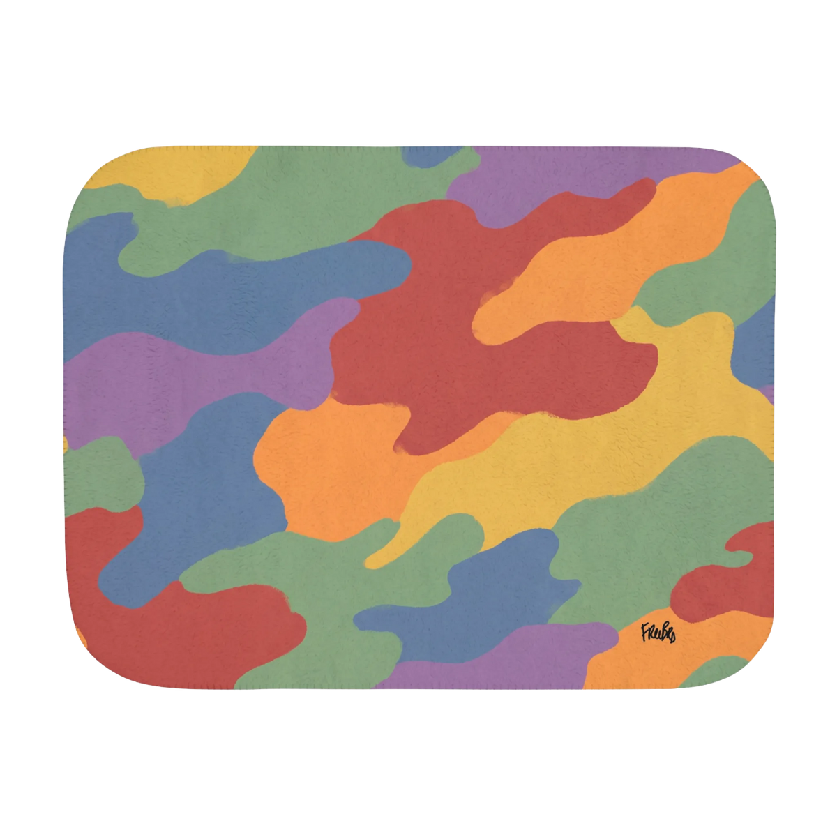 60 by 80 inch sherpa blanket, front view with red, orange, yellow, green, blue, and purple camouflage and a small black script logo near one corner.