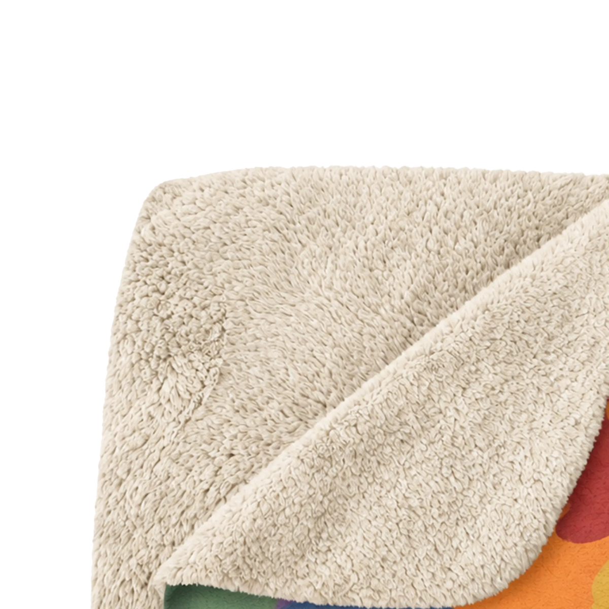Rainbow camo sherpa blanket folded with one corner turned back, showing the multicolor printed front and textured beige sherpa backing.